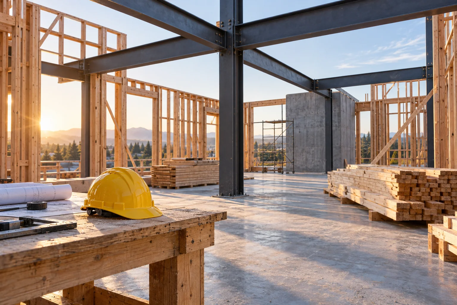 An illustrative construction scene with structural framing and building materials